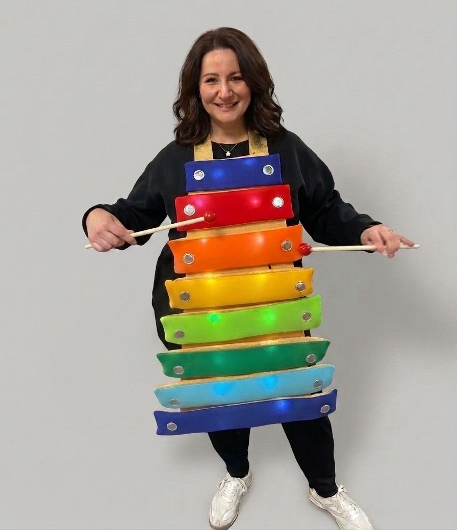 Mrs. Shickles smiling, wearing a rainbow xylophone costume and holding two mallets